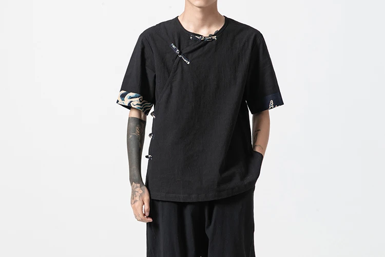 Sinicism Store мужские лоскутные футболки Harajuku уличная летняя хлопковая льняной Топ Мужская футболка в китайском стиле белые футболки