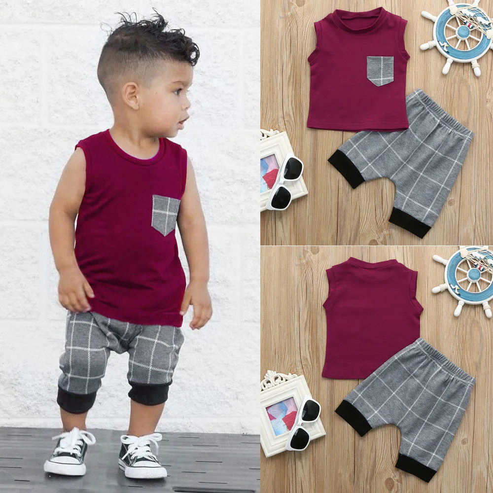 Infant Toddler Baby Boys Girl Plaid Tops T Shirt Vest Shorts Outfits Clothes Set boys clothes 3 year 0425 | Детская одежда и обувь