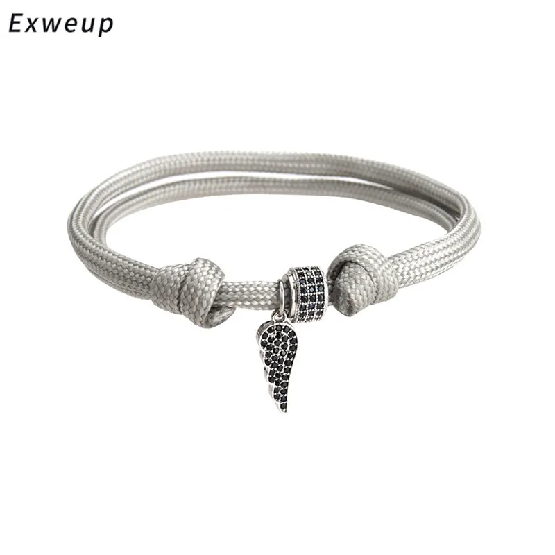 Exweup 18cm Braided Bracelet Silver Angel Wing Charm For Women Handmade Black/red/grey Cool Chain Bracelets Adjustable Jewelry | Украшения