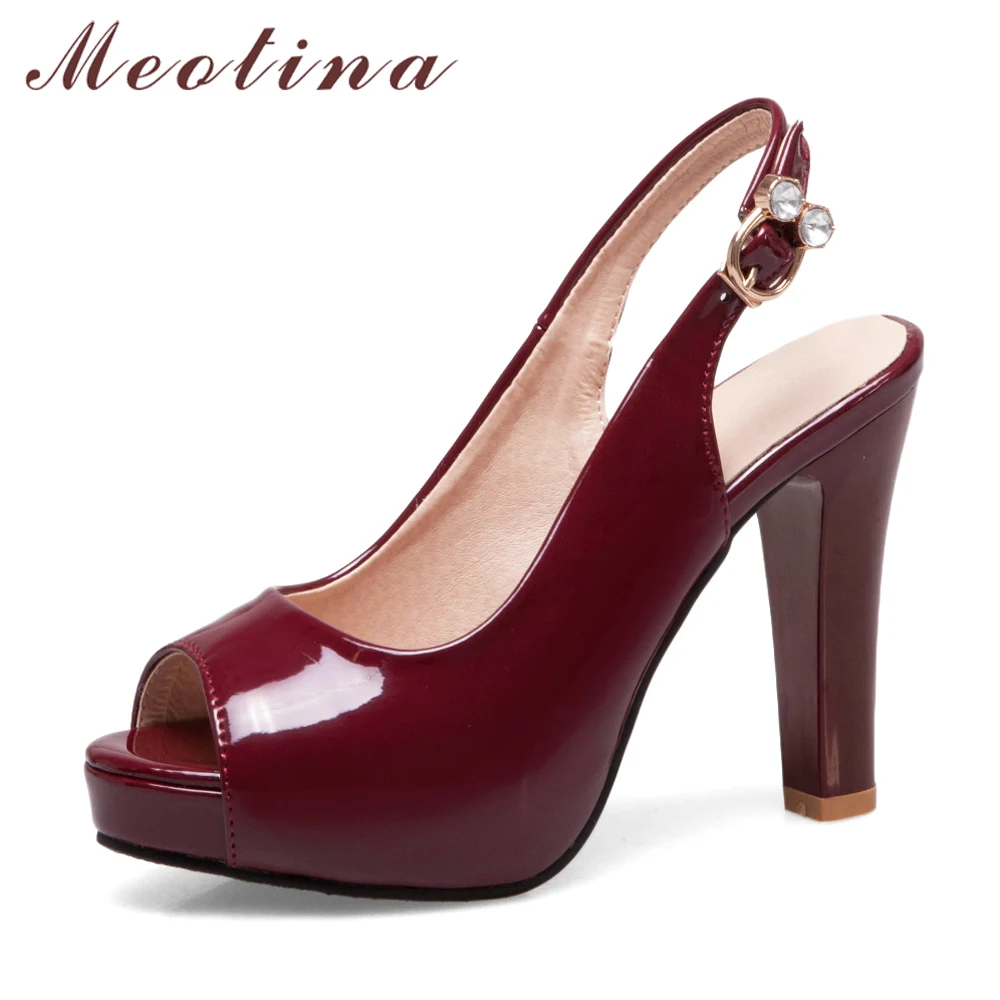 

Meotina Women Shoes Summer Sandals Patent Leather Platform Chunky High Heels Shoes Sexy Buckle Peep Toe Sandals Lady Size 33-43