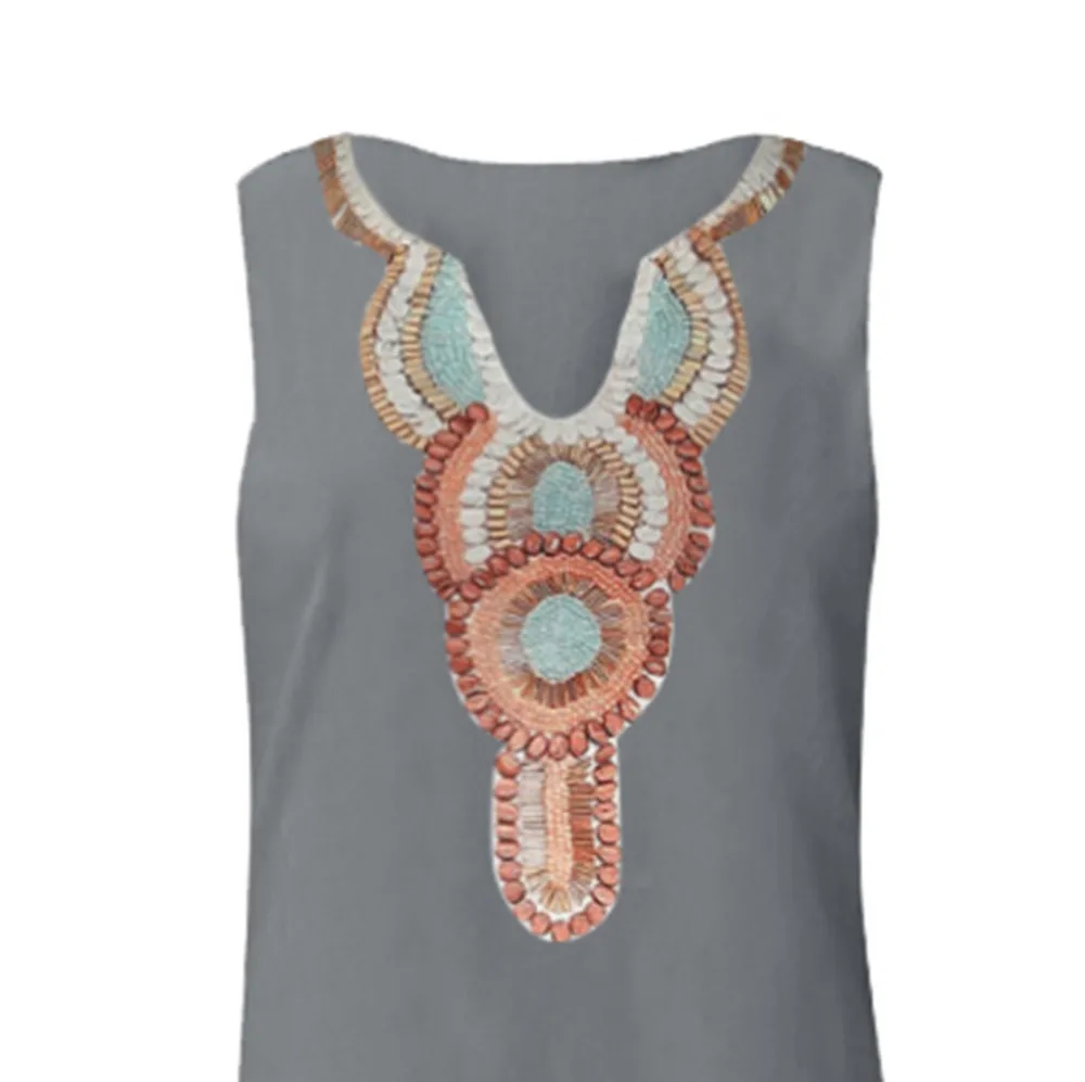 

New Women's Dress Elegant Print Sleeveless V-neck Dress Summer Loose Crotch Dress Split Hem Baggy Kaftan Dress T525