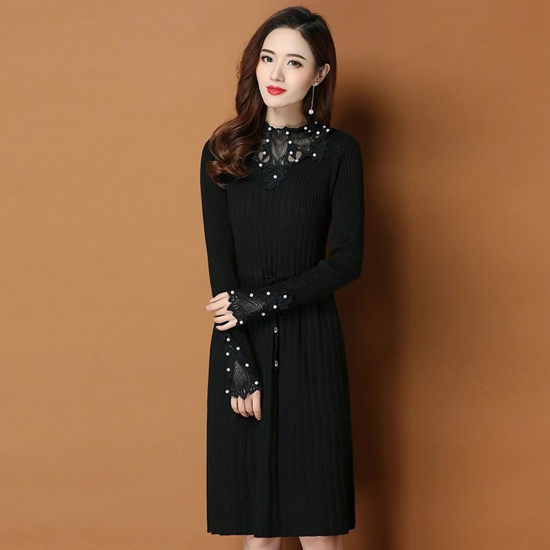 Женское трикотажное платье Новое Кружевное вязаное платье-свитер миди с бисером