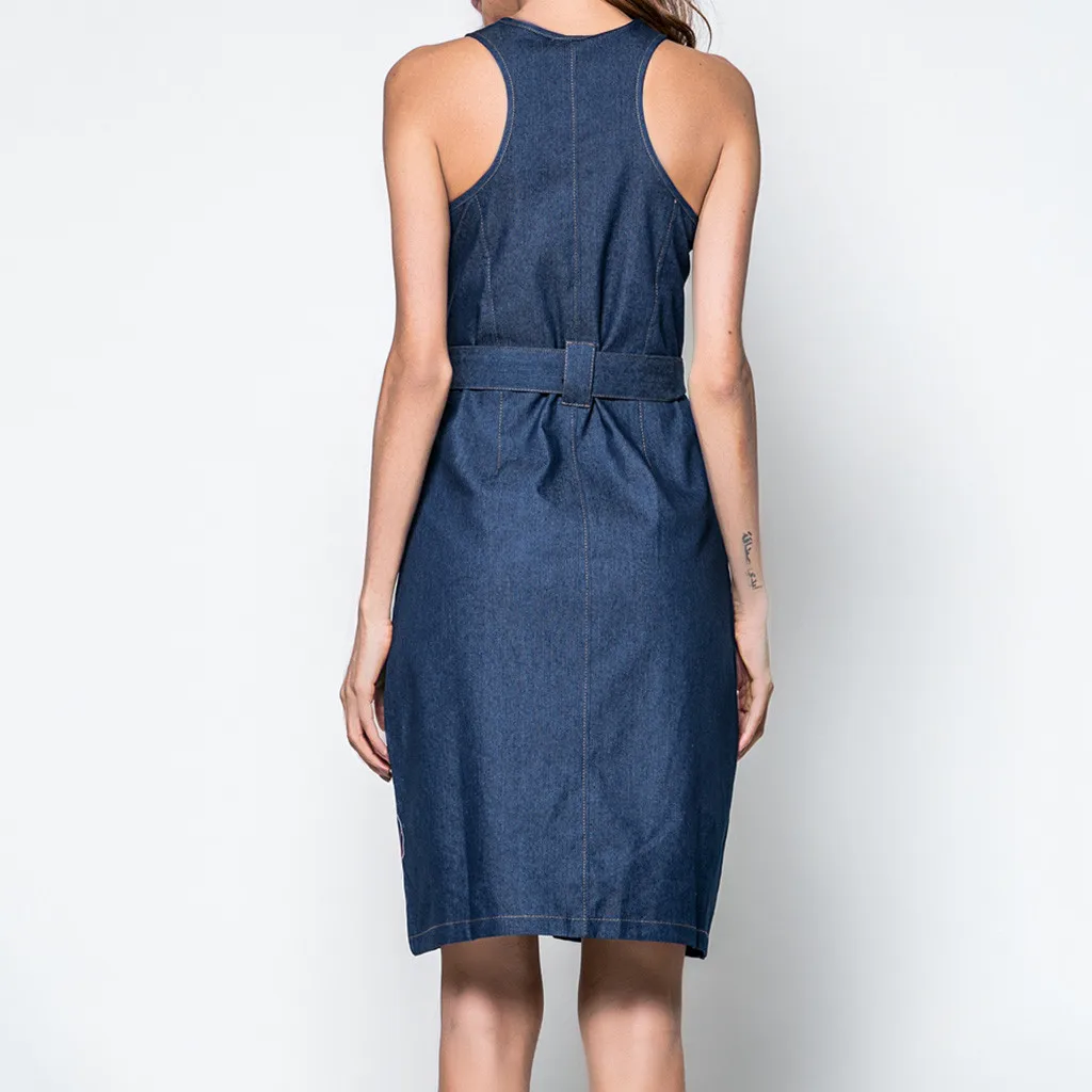 2019 Fashion Ladies Jeans Dress Summer Round-Necked Cardigan Open-Ended Sleeveless Jurken Zomer Vestido E55 | Женская одежда