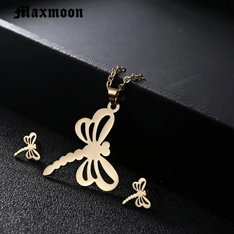 Maxmoon наборы из нержавеющей стали для женщин в форме стрекозы ожерелье серьги