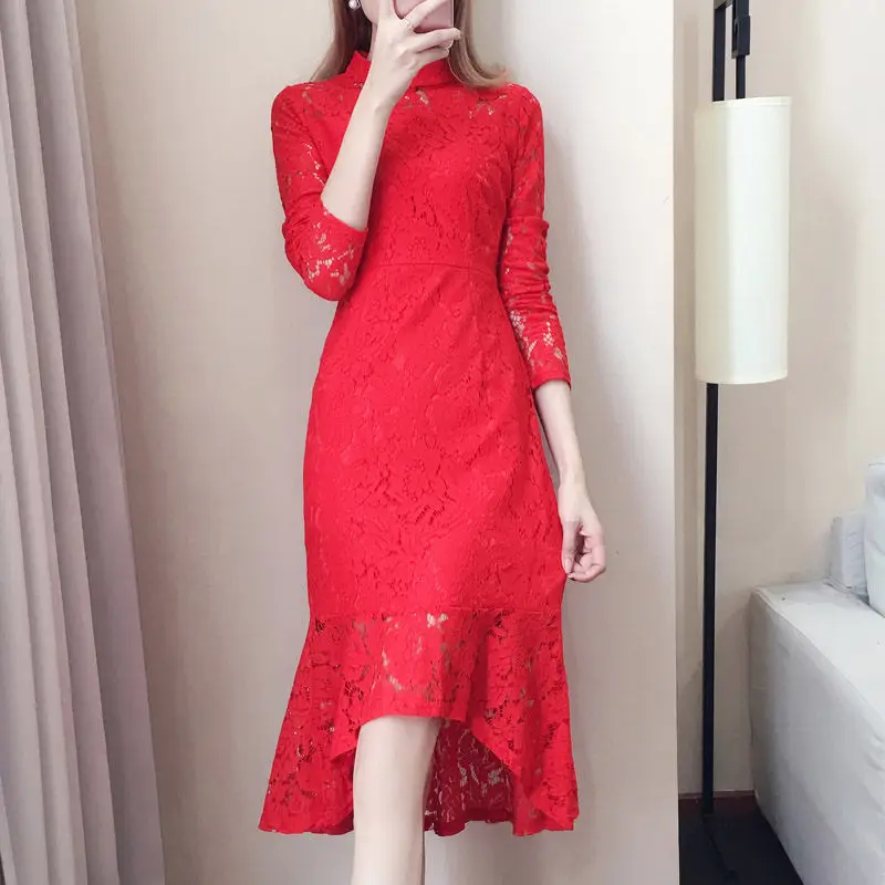 

Black Red Lace Dress Women Autumn New Slim Bodycon Dress Hollow Fashion Designer Dresses Runway 2019 High Quality Vestido f1336