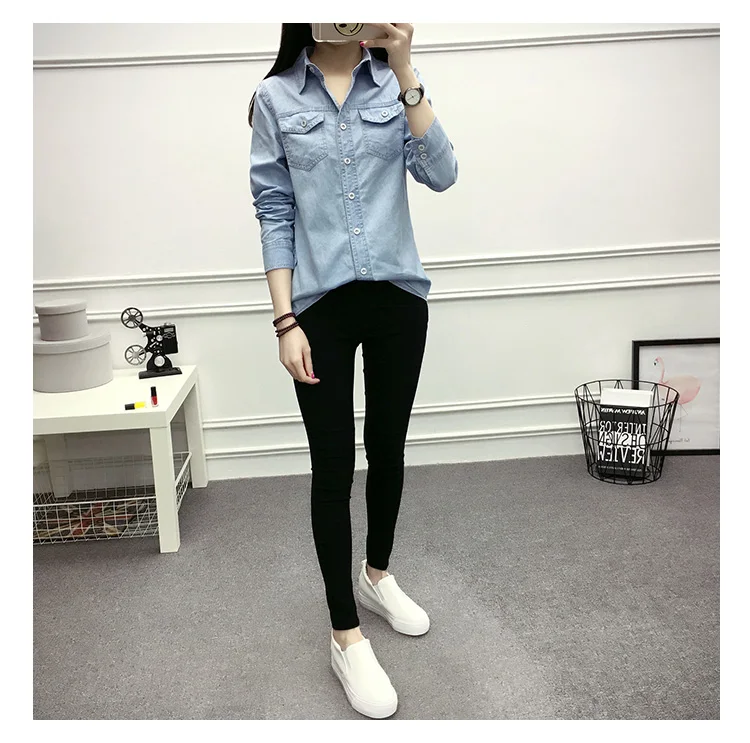 Spring Autumn women Classic basic style Turn-down Collar full-sleeve blouse pocket Button single Breasted Denim shirt casual top