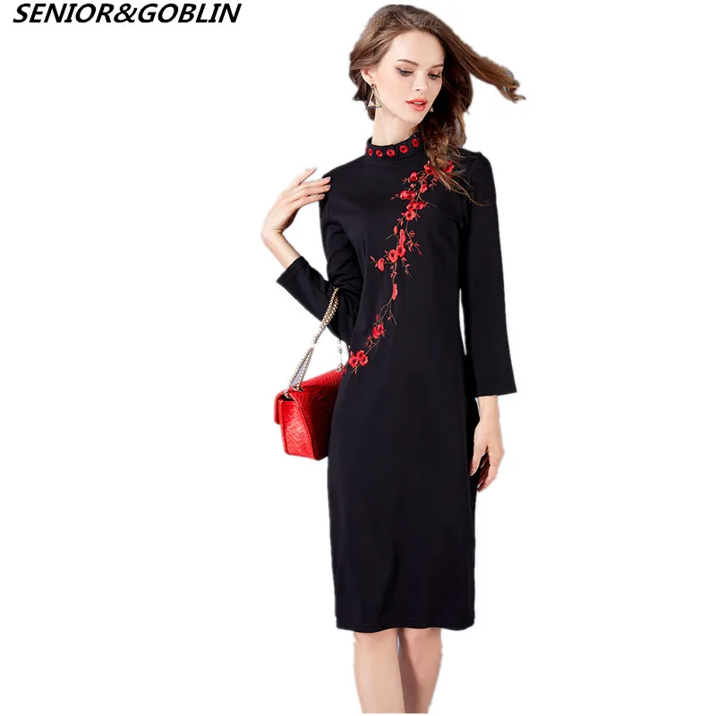 Женское платье с вышивкой сливы черное украшенное осень 2018|robe femme|robe fashionautumn dress |