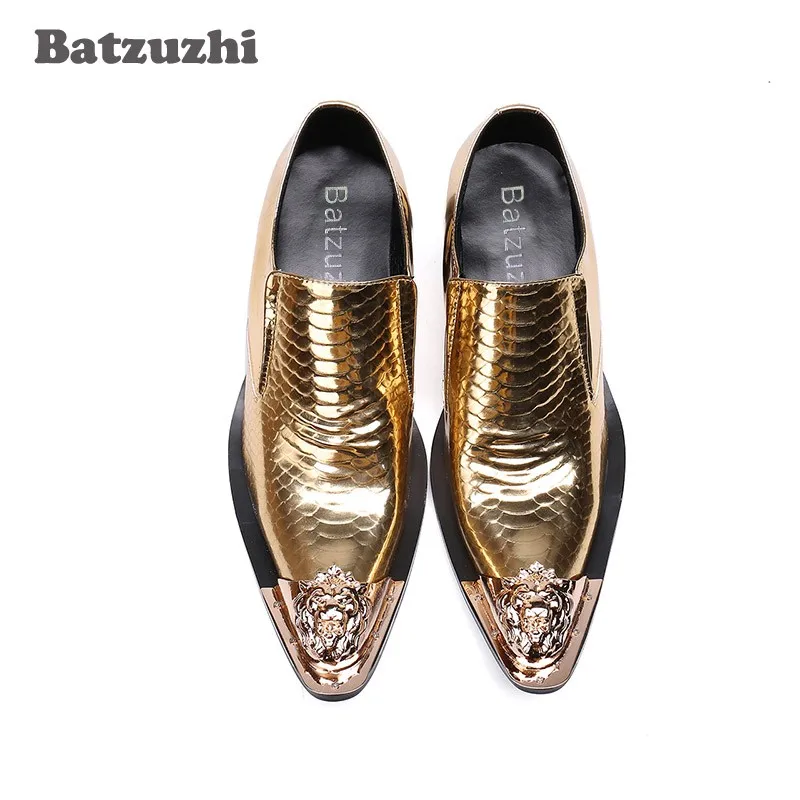 Роскошные мужские туфли Batzuzhi с острым носком золотые кожаные модельные Zapatos Hombre