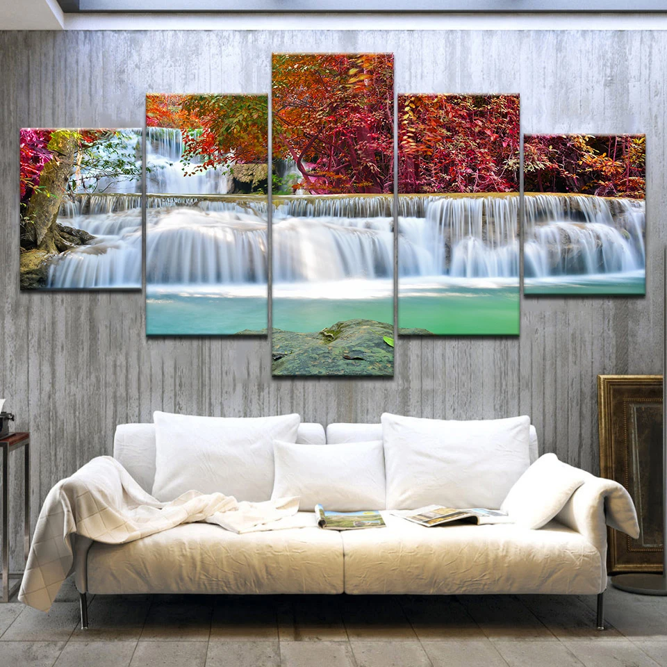 

5 Panel HD Printed A waterfall red forest Lake Landscape Print On Canvas Art Painting For home living room decoration