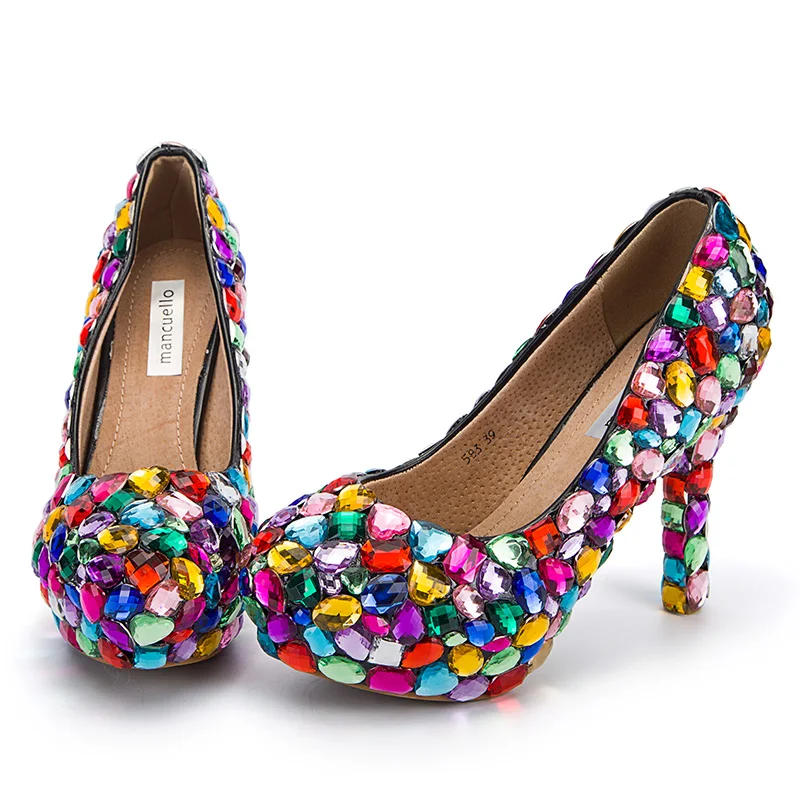 Mancuello/Радуга красочным со стразами свадебные туфли на высоком каблуке женщина