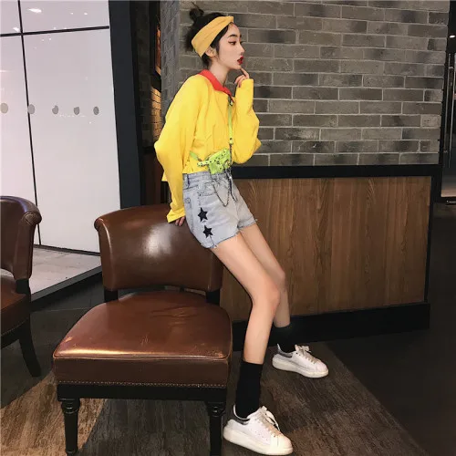 Женские джинсовые шорты с высокой талией и вышивкой в виде звезды корейские