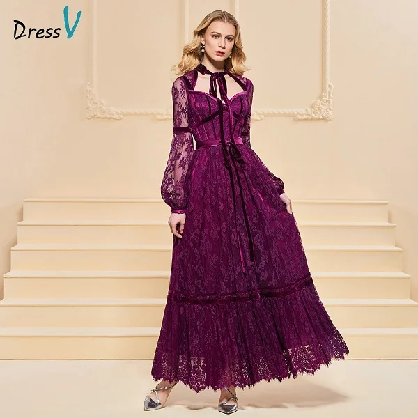 Dressv вечернее платье трапециевидной формы, элегантное кружевное платье на пуговицах с поясом, длинные рукава, длина по щиколотку, свадебное вечернее платье, вечернее платье es - Цвет: As the picture