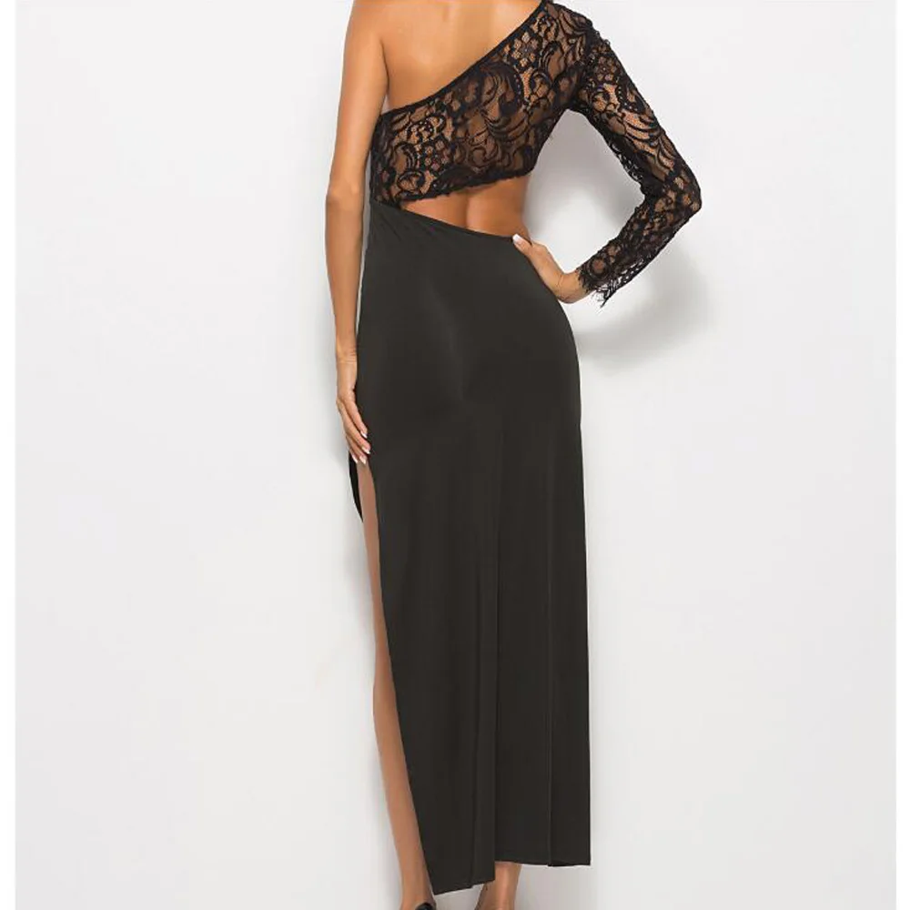 Сексуальное кружевное вечернее платье на одно плечо женское прозрачное черное