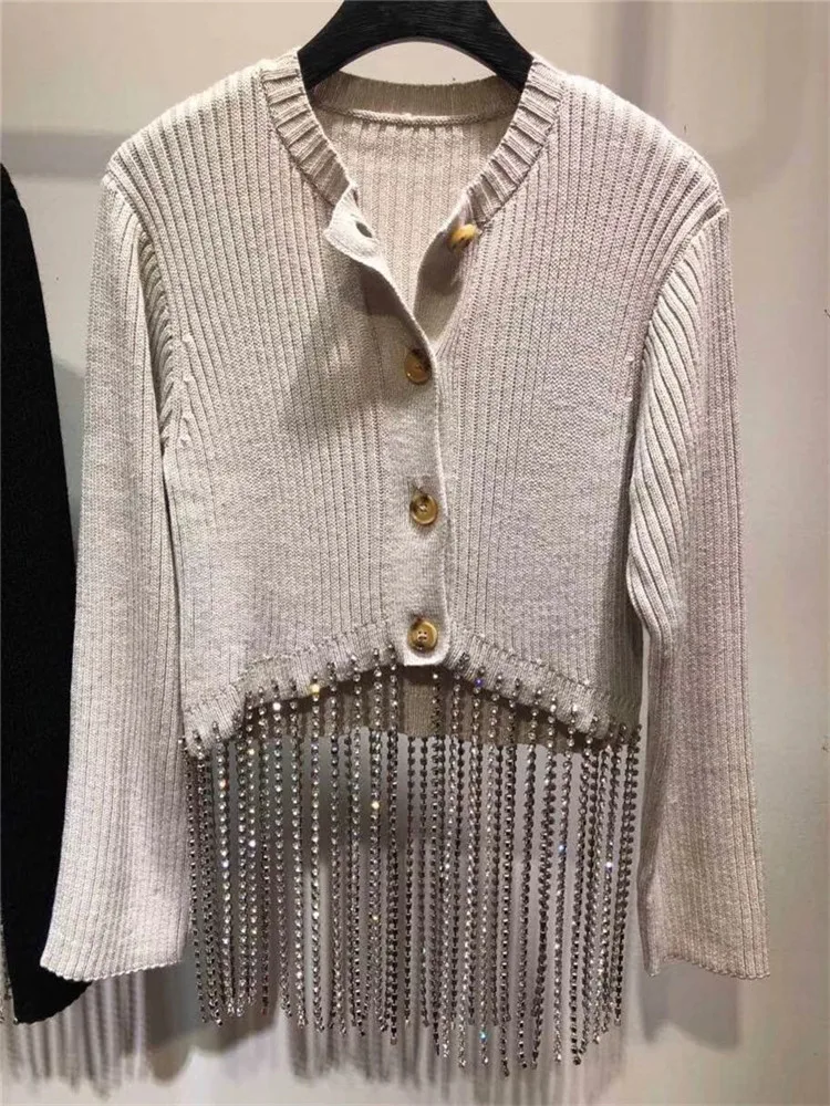 Autumn 2018 Casual Clothes Women White Black Knitted Cardigans Fashion Long Sleeve Wool Tassels Rhinestones Short Coat Girls |