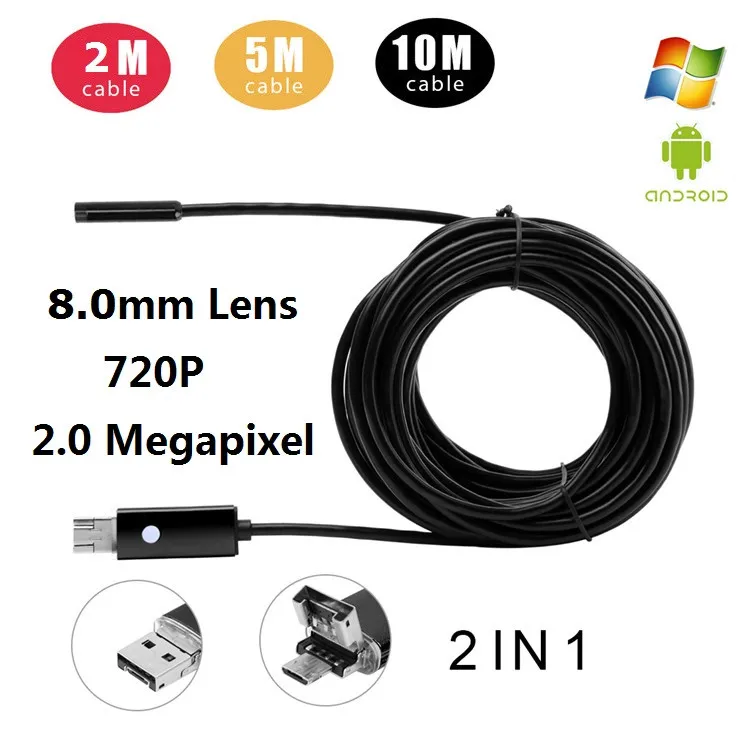10 м 720P 2 МП 6 светодиодов 8 мм мини USB Android инспекционная эндоскопическая камера