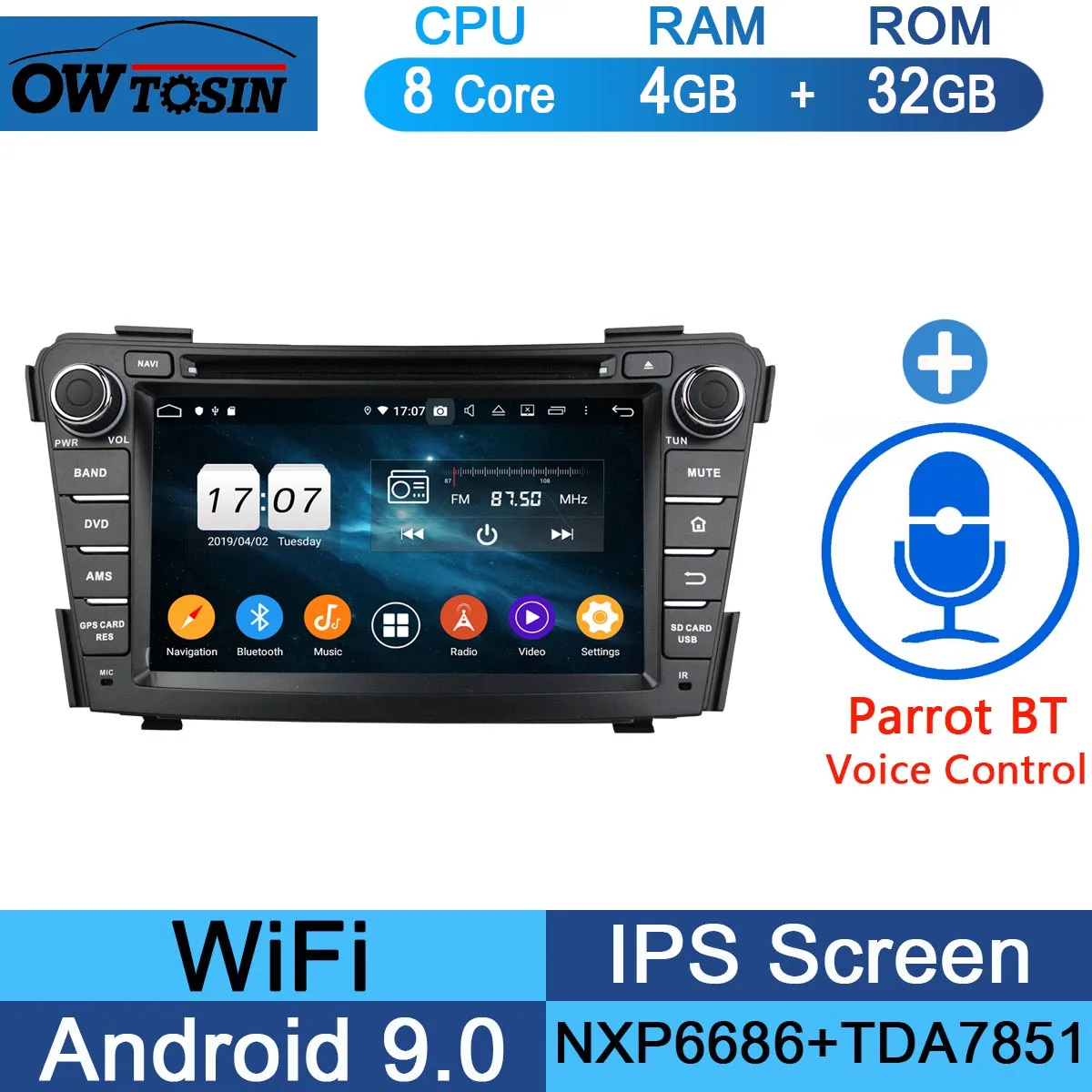 32G Parrot BT 7"IPS 1024*600 Octa Core 4GB RAM+64GB ROM Android 9.0 Car DVD Player For Hyundai I40 2011 2012 2013 DSP Radio - Цвет: 32G Parrot BT