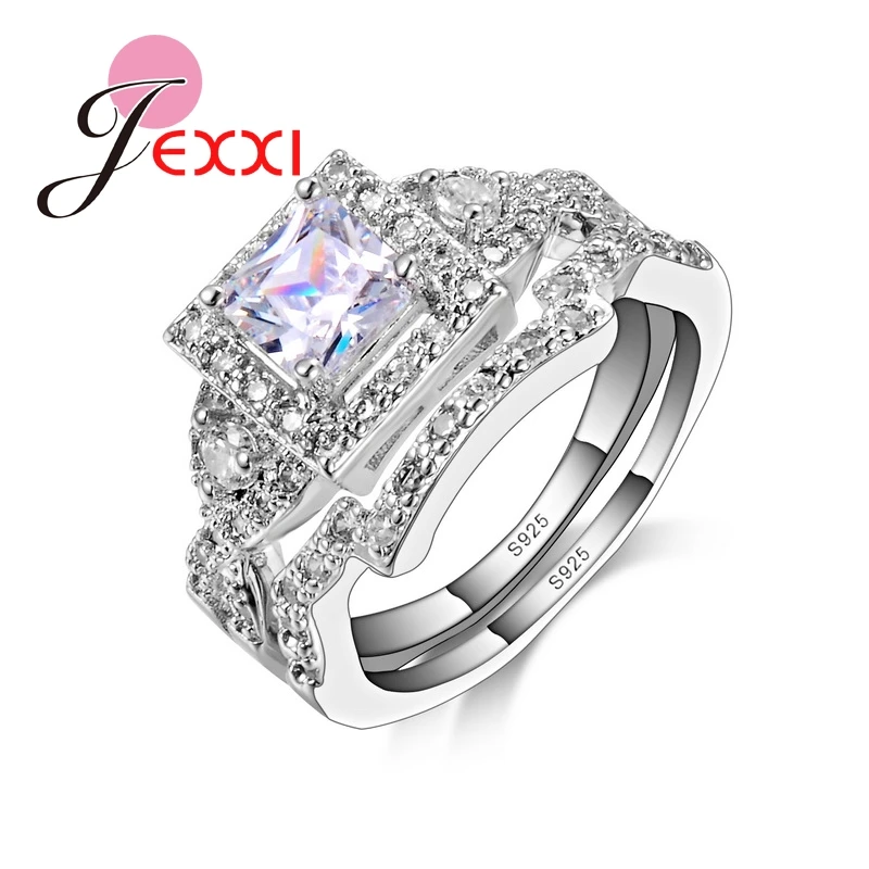 

High Quality Fashion Classic 925 Sterling Silver Wedding Ring Sets For Women Square CZ Crystal Bridal Engagement Ring