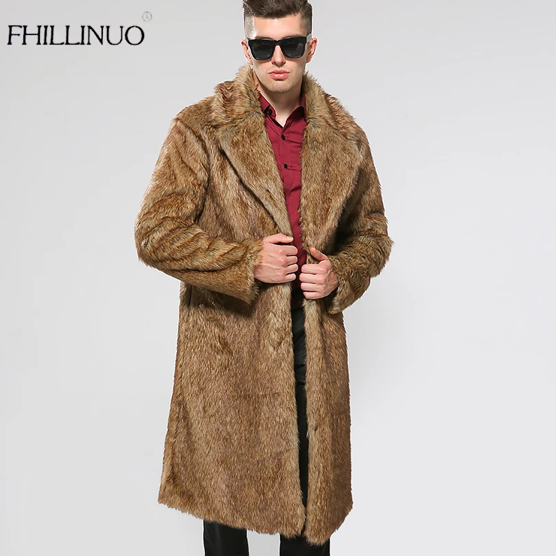 Модные мужские длинные пальто из искусственного меха однотонное с меховым