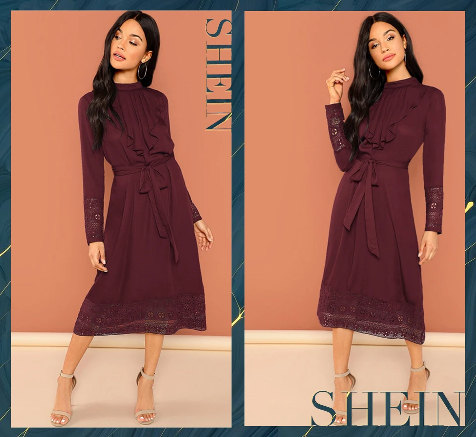 SHEIN бордовое элегантное однотонное плиссированное платье с поясом и оборкой, контрастное кружевное платье с длинными рукавами, осенняя Рабочая одежда OL, женские платья