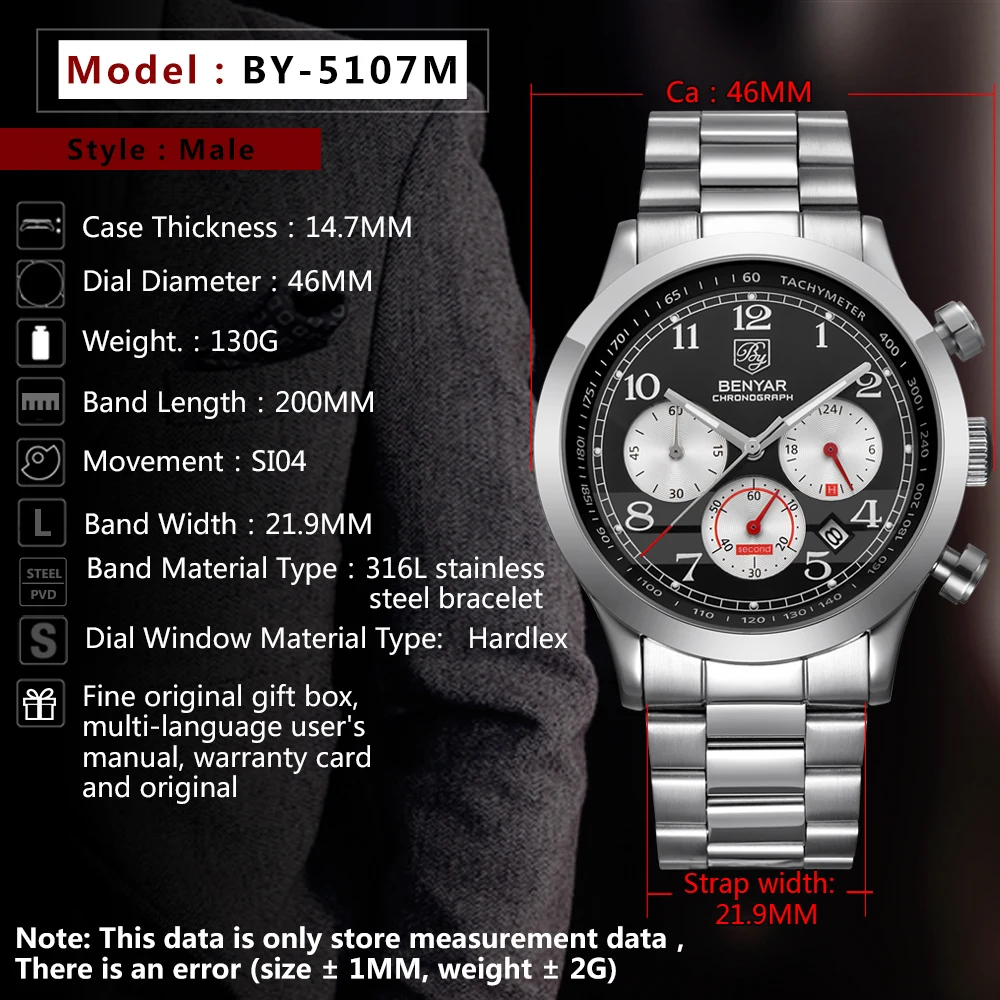 Часы Relojes 2018 BENYAR 5107 M мужские Модные Спортивные кварцевые часы брендовые
