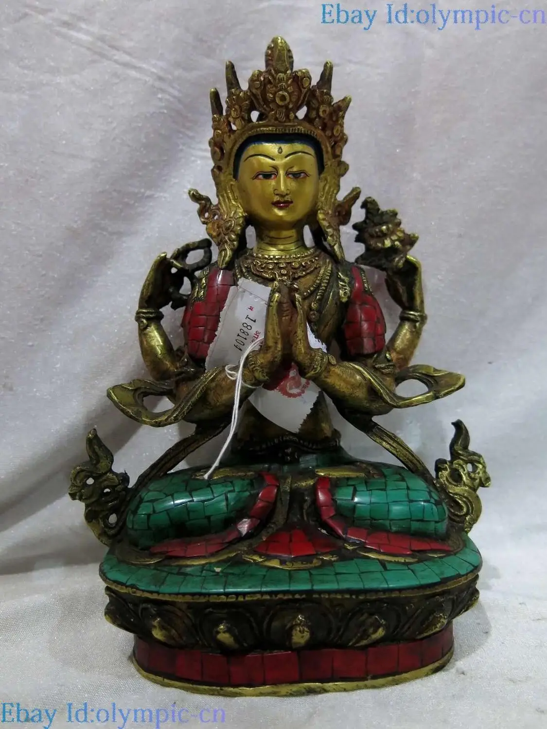 

9" Tibet old bronze gild calaite sculpture buddhism Four-armed Kwan-yin Statue
