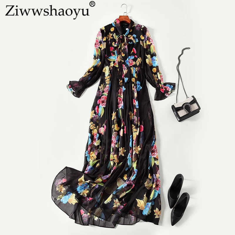 Ziwwshaoyu Europe and America 2018 autumn long dress Bohemian A-Line Print Bow Lantern Sleeve Big pendulum Long | Женская одежда