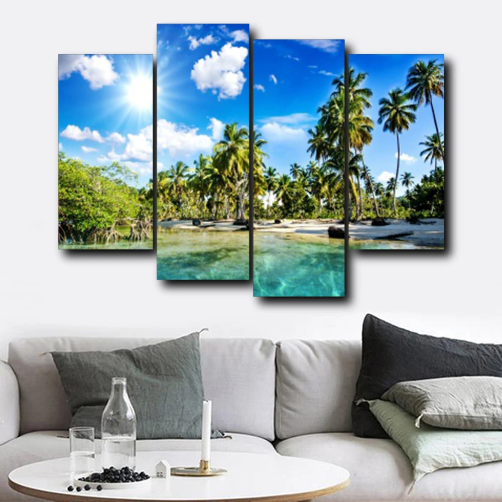 

Laeacco Canvas Calligraphy Painting 4 Panel Wall Art Tropical Posters and Prints Nordic Home Living Room Decoration