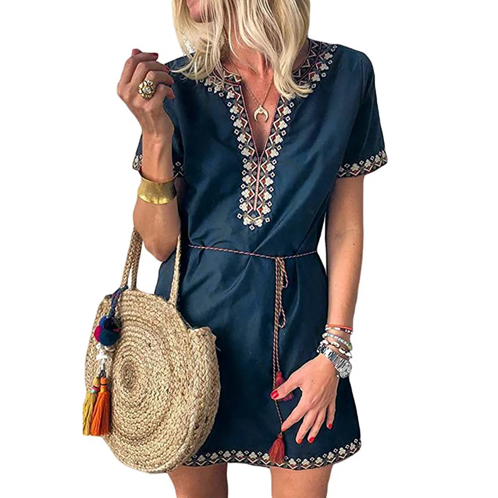 Женское летнее богемное платье с коротким рукавом и v образным вырезом