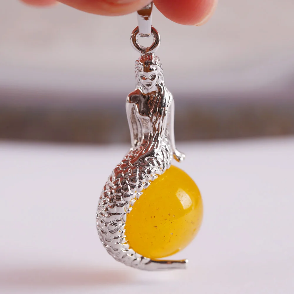 Orange Cat eye Ожерелье натуральный камень 16 мм Круглый кошачий глаз из бисера Азурит подвеска в виде русалки 1 шт - Окраска металла: Orange Cat eye