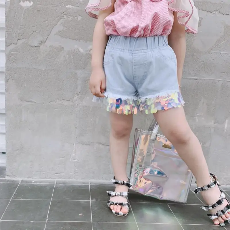 Малышей джинсовые шорты лето новый блесток модные для детская одежда девочек