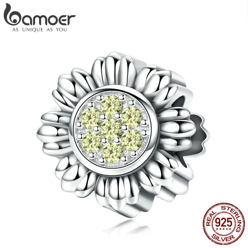 BAMOER, Новое поступление, 925 пробы, серебряный шарм, Подсолнух, цветок, ослепительные CZ бусины, подходят для женщин, браслеты, сделай сам, ювелирные изделия BSC018