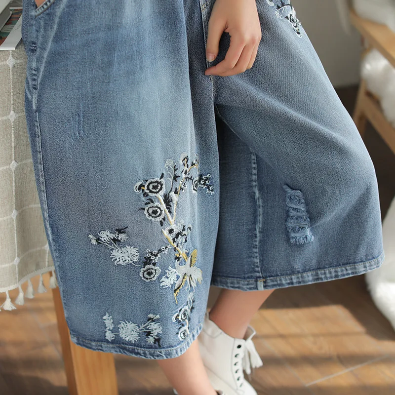 Летние брюки 2019 женские любимые джинсы с вышивкой женская уличная одежда милые