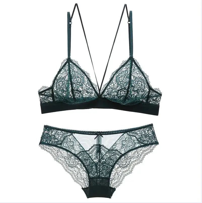 Green CINOON Women Sexy transparent Lingerie Set lace Hollow Out Floral ultra-thin Push up Bra and Panty breathabler Underwear set - Color: Green