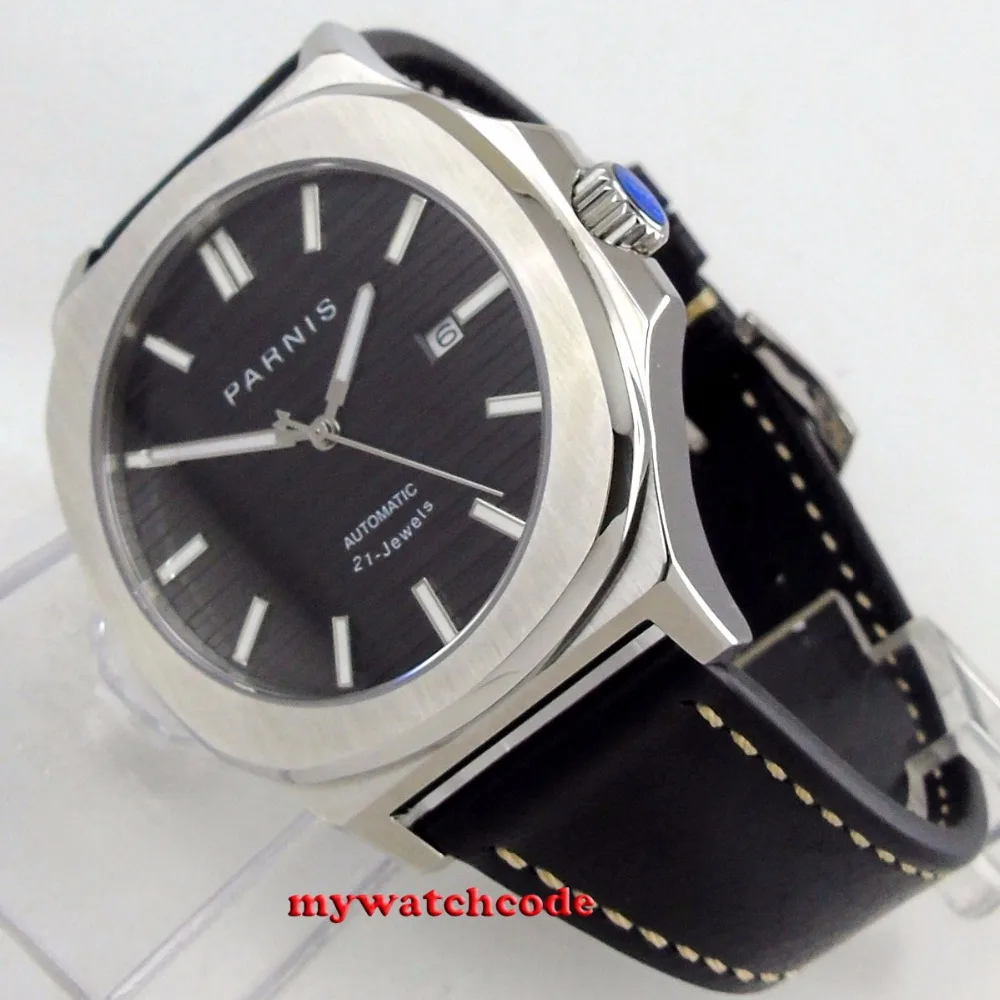 44MM Parnis Black Dial Date Window luminous Miyota 821A Automatic Movement Mens Watch Leather Band | Наручные часы