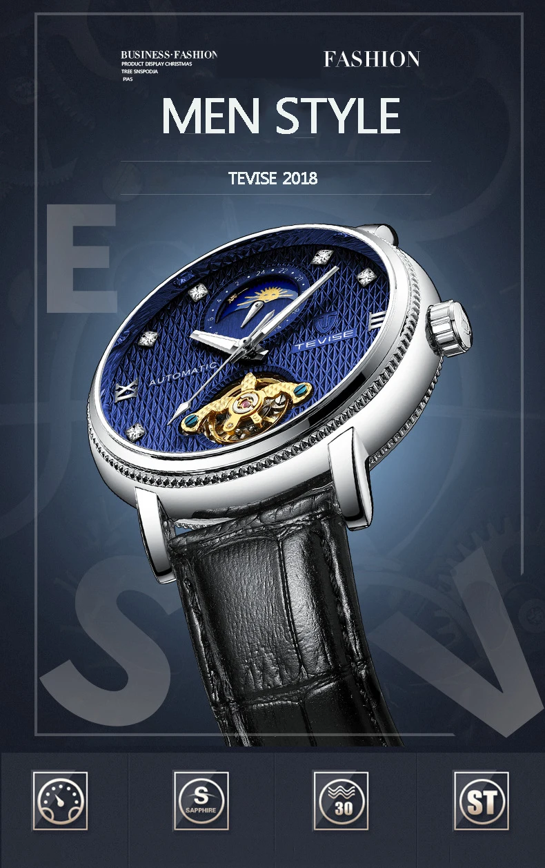 Tevise автоматические Tourbillon механические часы водонепроницаемые часы мужские роскошные Брендовые спортивные мужские часы с автоматическим подзаводом Relogio Masculino