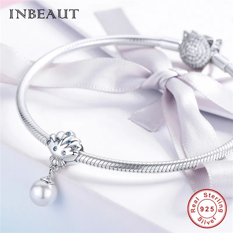 INBEAUT 100% реальные 925 Серебряные синие CZ ракушки жемчужные бусины подходят для
