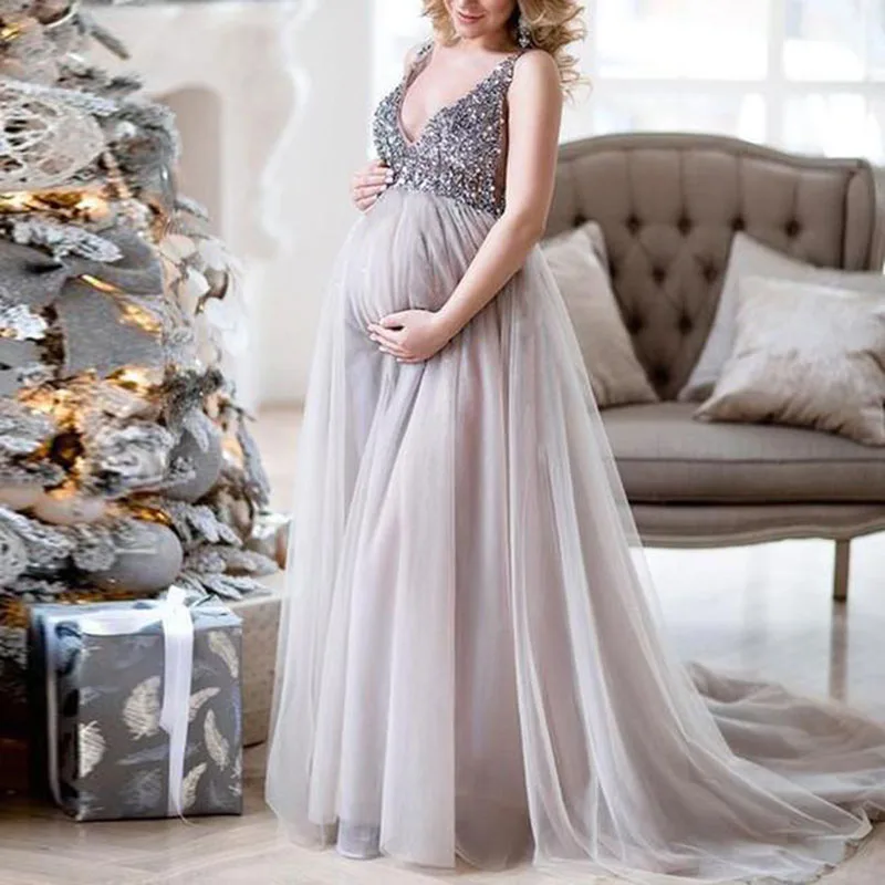 Women's Pregnant Maternity Long Maxi Dress Chiffon Sleeveless Glitters Evening | Женская одежда