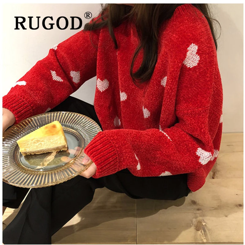 RUGOD Korean chic heart printed women sweater Fashion round neck long sleeve pullovers female Elegant Auturn winter streetwear | Женская