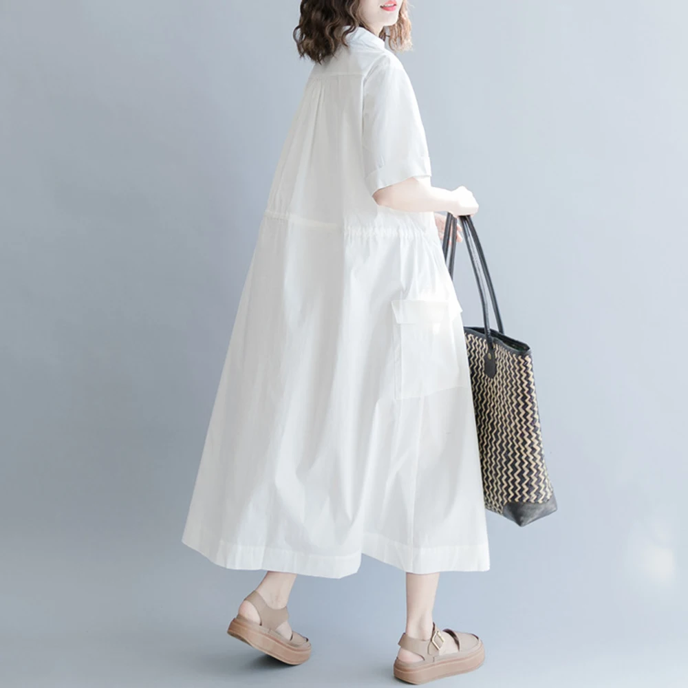 

Spring and Summer New Style Korean Literary Solid Color Round Neck Dress Loose Drawstring Cotton and Linen Dress