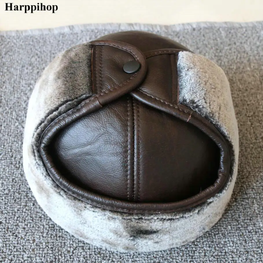Genuine leather  cap hat men's brand new cow skin leather hats caps ear flap black brown with Faux fur inside