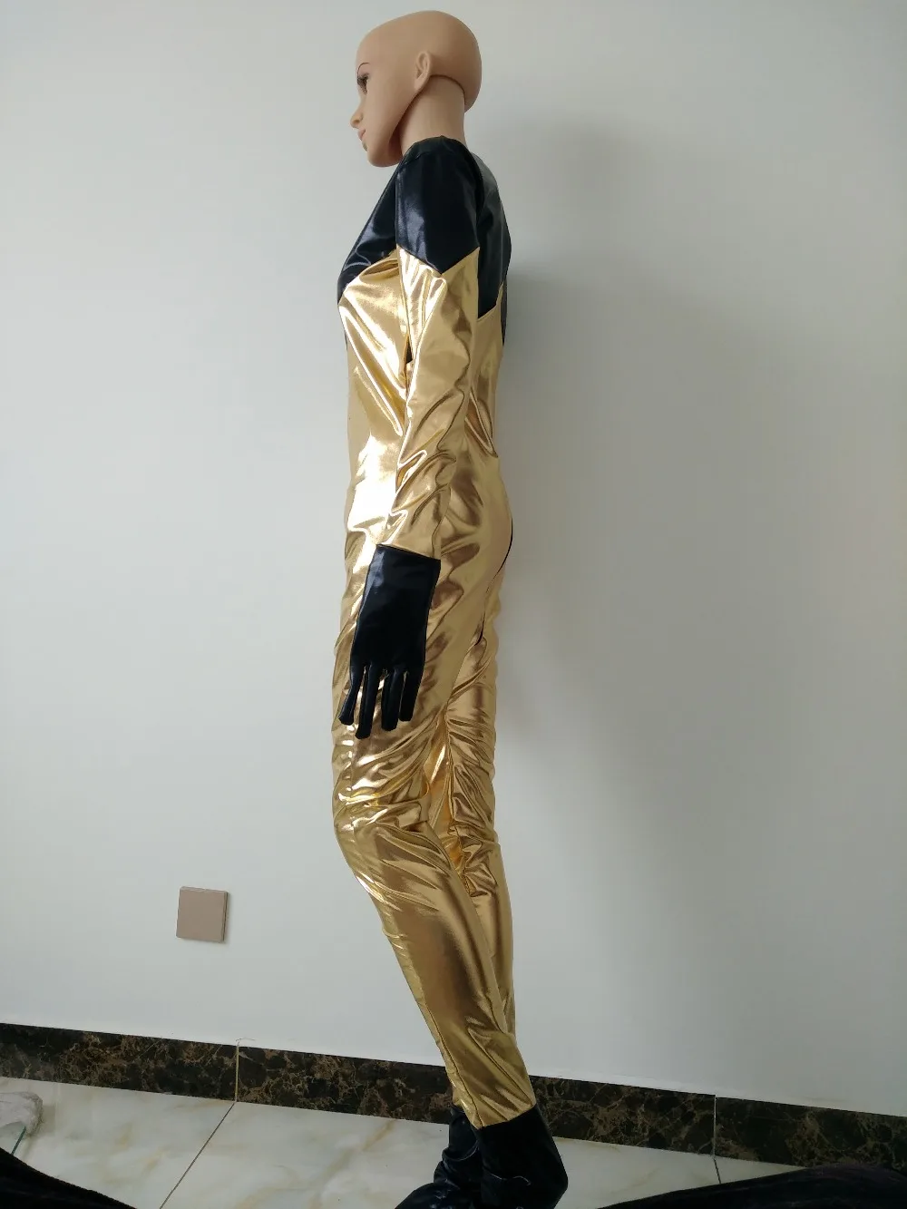 Соблазнительный черный с золотым цветом высококачественный металлик Zentai Catsuit