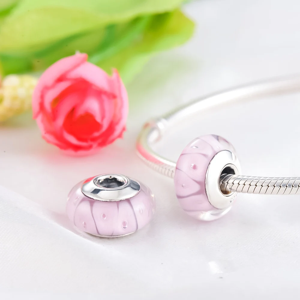Suplush New Real 925 Sterling Silver Pink Effervescence Murano Glass Beads Fit Original Charm Bracelet Jewelry Gift PSGB0015 | Украшения и