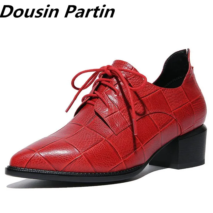 Женские туфли на шнуровке Dousin Partin красные/черные лодочки среднем квадратном