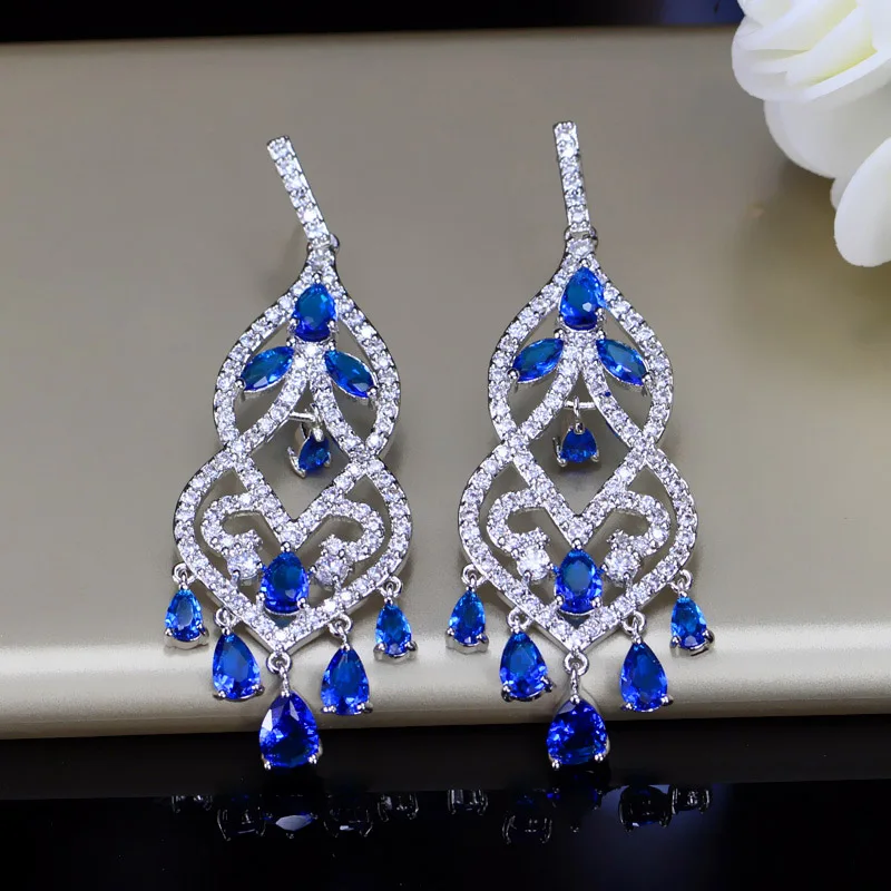 BlingZircons известный дизайнер для женщин ювелирные изделия благородный зеленый фианит длинные падение невесты Свадебная люстра серьги для невесты E049 - Окраска металла: Blue