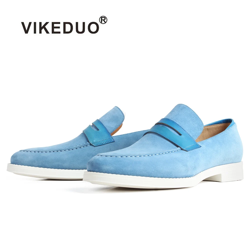 

VIKEDUO New Casual Cow Suede Men's Loafers Shoes Blue Slip-On Flat Fashion Footwear Male Brand Patina Bespoke Customized Zapatos