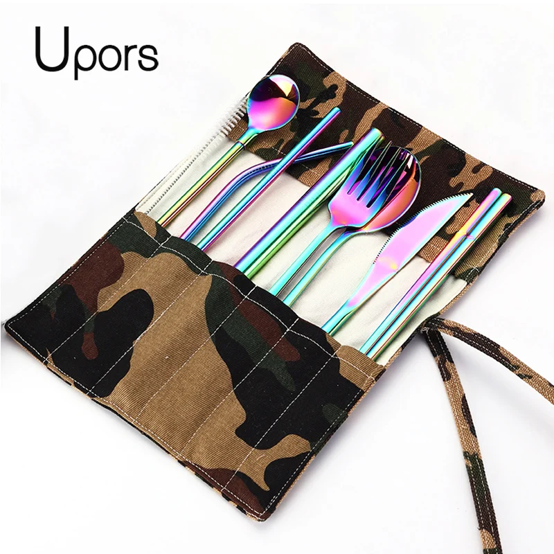 UPORS 9 шт./компл. путешествия столовые приборы Портативный Нержавеющая сталь набор столовых приборов для многоразового использования, столовая ложка, вилка, Ножи набор металлическая соломинка с Чехол