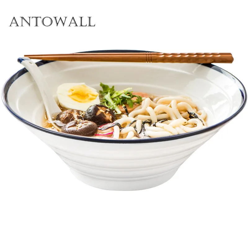 ANTOWALL керамическая посуда рисовая чаша ГОВЯЖЬЯ ramen чаша для дома отеля синяя сторона чисто белая нить миска для супа