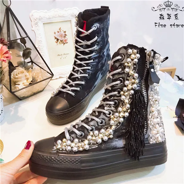 

Original custom hot brand heavy industry Tassel string thick bottom canvas shoes metal water drill Pearl string casual shoes