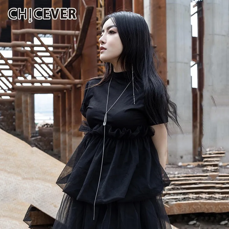 Женская футболка CHICEVER черная Повседневная с о-вырезом и коротким рукавом 2020 |