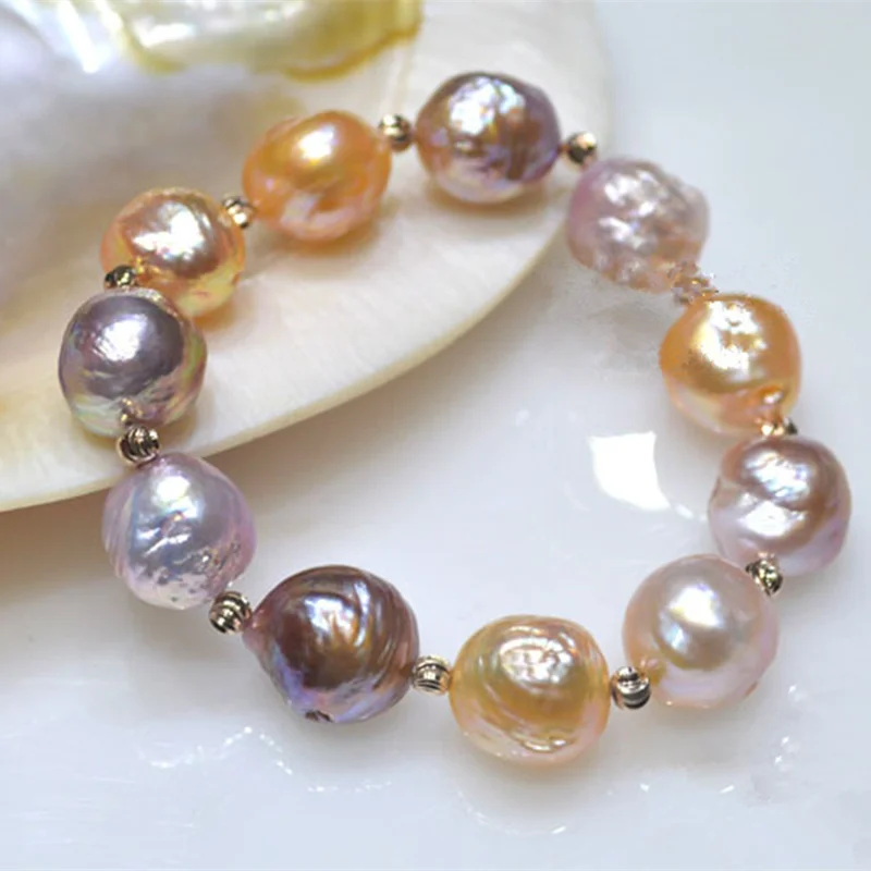 Подлинный 100% натуральный браслет из разноцветных барочных жемчужин 11-13 мм, модные эластичные браслеты из розового золота для женщин, бесплатная доставка.